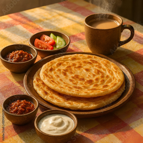 Traditional Breakfast Meal with Paratha, Chutney, Yogurt and Hot Tea