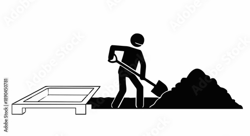 Person digging with shovel near pile of dirt and open frame.