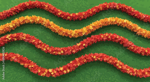 Four colorful wavy garlands constructed from vibrant autumn maple leaves are beautifully displayed across a bright green artificial turf background