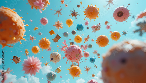 A vibrant and whimsical digital illustration of various colorful particles and cells floating in a bright blue sky with fluffy white clouds.