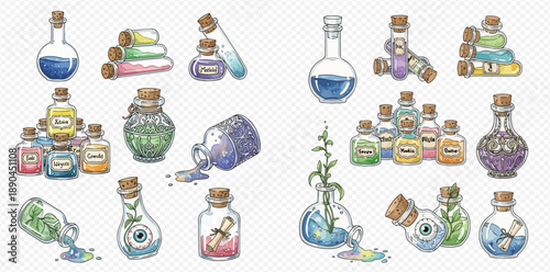 Set of various magic potions, elixirs, and spell ingredients in glass bottles and flasks, hand-drawn illustration.