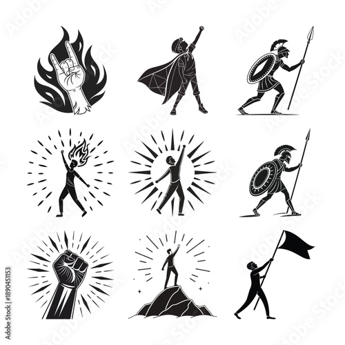 Dynamic Icon Set: A collection of various dynamic vector icon designs, which express a diverse range of concepts, including strength, achievement, freedom and power.  