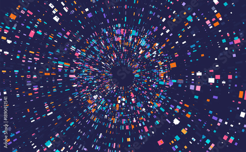 Digital data explosion background with glowing particles and pixel blocks in circular pattern, abstract technology and big data visualization concept