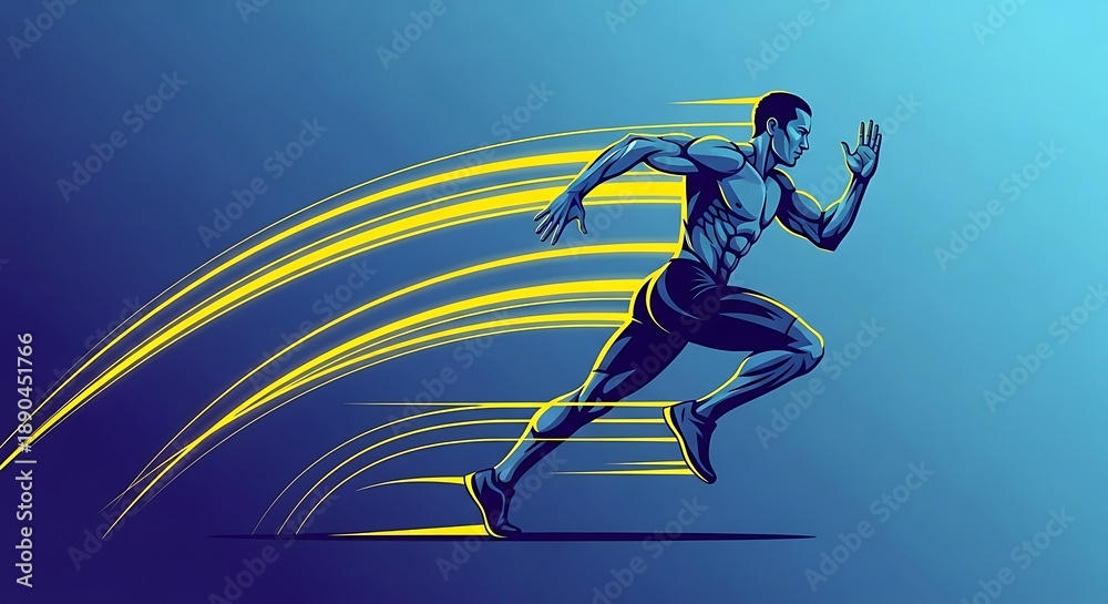 Obraz premium Dynamic runner in motion with speed lines on blue background