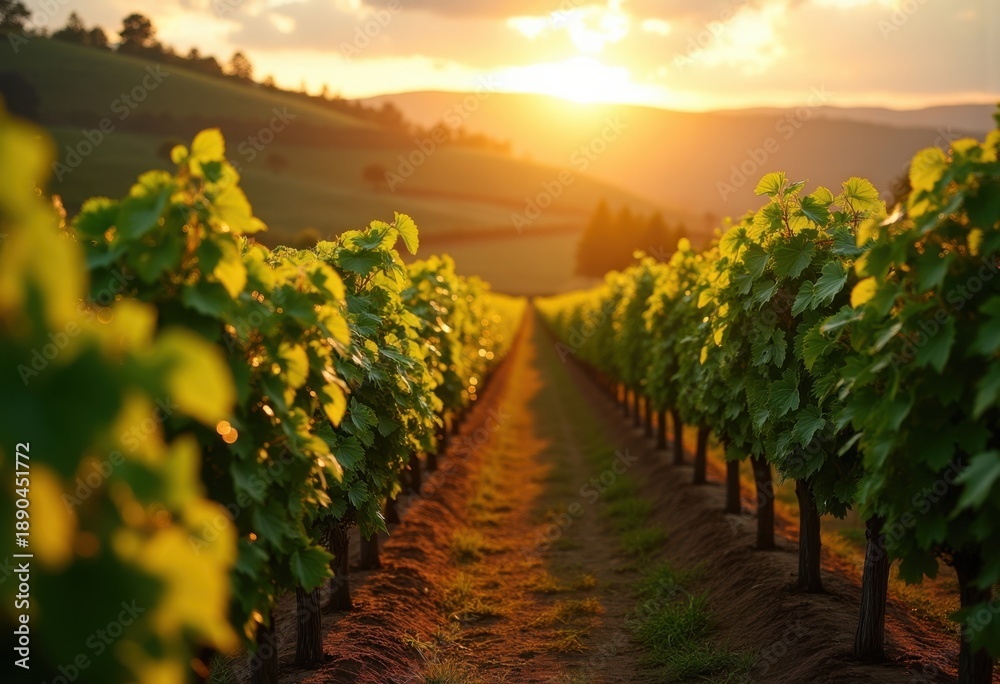 Naklejka premium Lavish Vineyard Rows on Gentle Hillside Bathed in Golden Sunset Glow