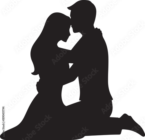 Silhouette of a man hugging a woman who is kneeling, a moment of comfort