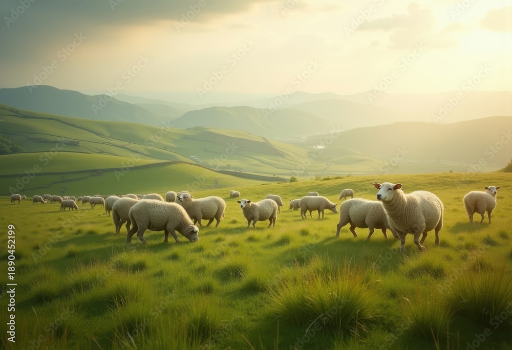 Fototapeta premium Pastoral Green Pastures Grazing Sheep Peaceful Countryside Charm Serenity
