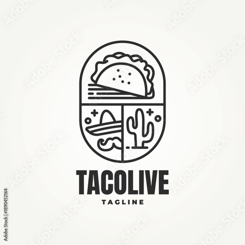 taco line art emblem icon logo vector illustration design. street food, restaurant, and franchise badge logo concept