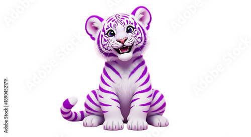 Cute purple and white striped tiger cub sitting on white background