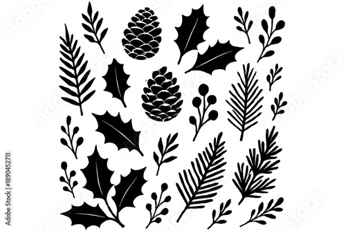 Isolated Botanical Silhouettes Set for Holiday Designs – Pine Cones, Holly, Ferns & Seasonal Branches Flat Vector