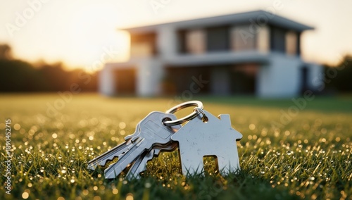 House keys with a house-shaped keychain resting on dewy grass at sunrise