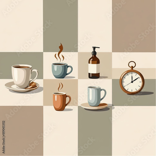 Conceptual daily routine represented by simple objects arranged geometrically in a grid of light, warm tones.eps