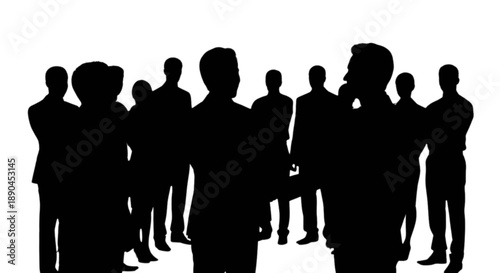 A group of business professionals in silhouette actively engaged in a discussion or meeting