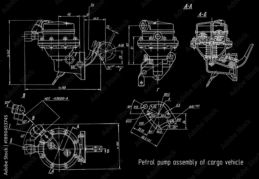 Fototapeta premium Petrol pump assembly of cargo vehicle. Engineering mechanical drawing of automotive device. Industrial cad scheme on paper sheet. Technology design of machine building industry. Machined template.