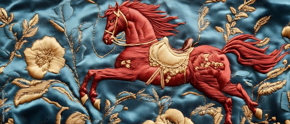 Fototapeta premium A vibrant embroidery depicting a majestic red horse amidst floral designs on a rich blue silk background, showcasing traditional craftsmanship and artistic expression.