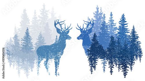 Textured blue deer and pine trees illustration. Majestic stags in a mystical winter forest graphic design.