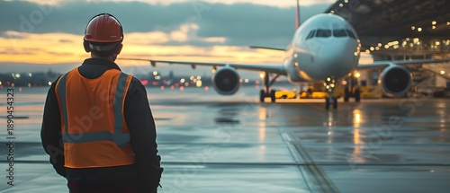 A worker in an orange safety vest watches a commercial airplane on the tarmac during sunset. The scene highlights the hustle and bustle of airport operations and transportation.