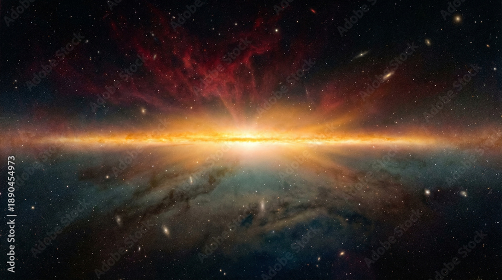 Obraz premium Epic cosmic vista of a bright, explosive galaxy core with swirling red nebulae and surrounding stars, showcasing the immense beauty and power of the universe.