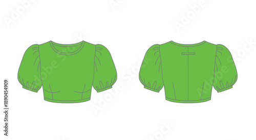 Technical fashion illustration of a light green puff sleeved crew neck blouse