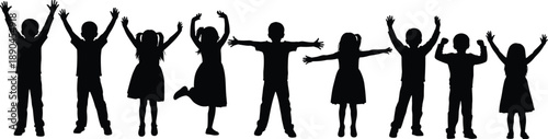 Silhouettes of ten playful children in joyful poses with raised arms, expressing happiness, movement, and unity in black and white design concept
