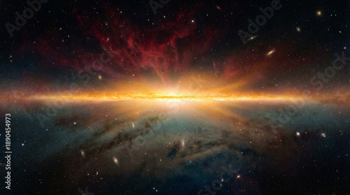 Foto Epic cosmic vista of a bright, explosive galaxy core with swirling red nebulae and surrounding stars, showcasing the immense beauty and power of the universe