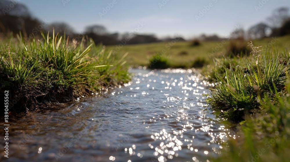 Fototapeta premium Sunlight glints on a flowing stream passing through a vibrant green meadow