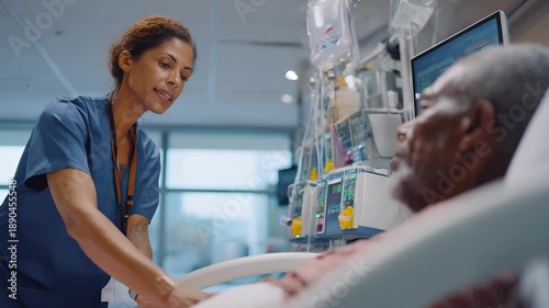 Caring nurse administering medication to patient in hospital checking vitals comforting with gentle words medical equipment humming