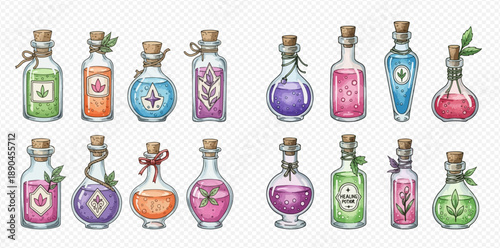 Set of colorful magic potion bottles with corks and labels, fantasy elixirs, witch brews, and wizard liquids.