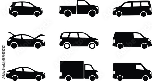 Vehicle Icon Set Including Cars, Vans, and Trucks Silhouettes