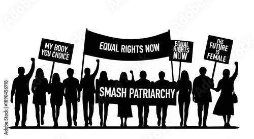 Protestors holding signs and banners advocating for equal rights and against patriarchy.