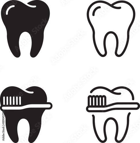 Dental care icons featuring human tooth and toothbrush for oral hygiene and dentistry ads