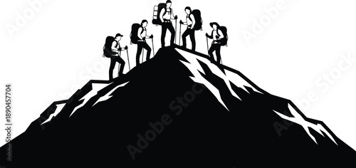 Group of hikers silhouette on mountain summit representing teamwork, leadership, outdoor adventure, success, motivation and achievement in nature travel