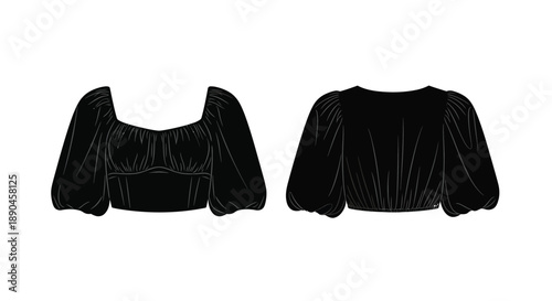 Black blouse design with puffed sleeves shown from front and back views