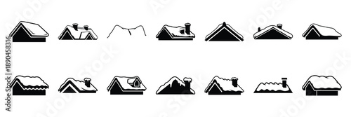 christmas  snowy rooftop icon set silhouette on black colour and white background. Holiday silhouette vector icons.