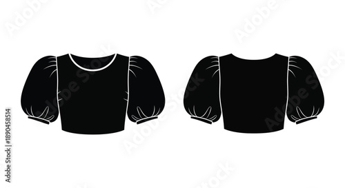 Black silhouette of a puff sleeve blouse shown from front and back views