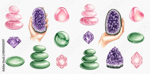 Collection of various healing crystals, polished stones, and amethyst geodes for spiritual and wellness practices.