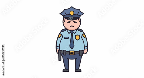 Sad Cartoon Police Officer Standing Uniformed.