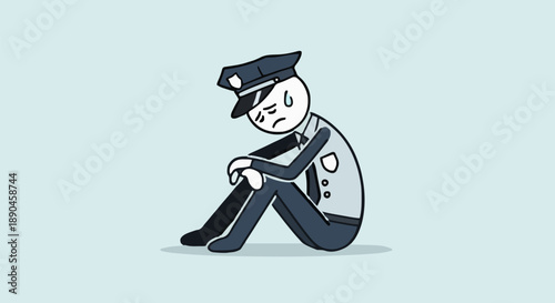 Sad Cartoon Police Officer Sitting Down Feeling Depressed.
