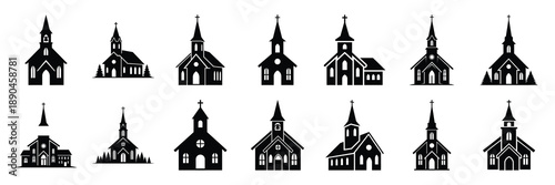 christmas  village church icon set silhouette on black colour and white background. Holiday silhouette vector icons.
