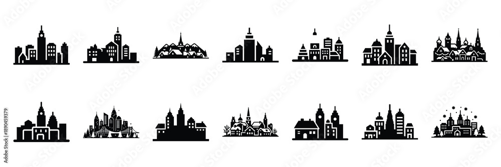 Obraz premium christmas winter holiday skyline icon set silhouette on black colour and white background. Holiday silhouette vector icons.