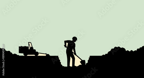 Silhouette of a construction worker digging a trench with a shovel next to a small excavator.