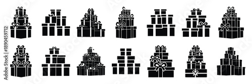 christmas  wrapped present stack icon set silhouette on black colour and white background. Holiday silhouette vector icons.