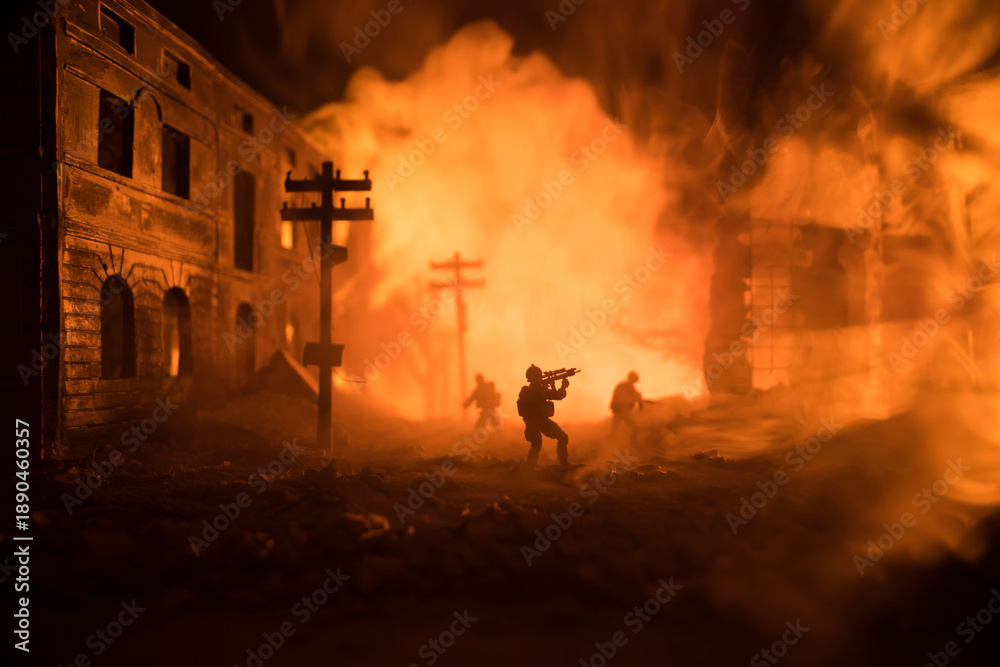 Fototapeta premium Military soldier silhouette with bazooka. War Concept. Military silhouettes fighting scene on war fog sky background, Soldier Silhouette aiming to the target at night.