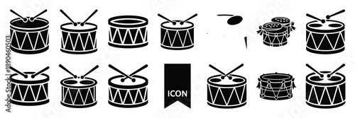 christmas  drum icon set silhouette on black colour and white background. Holiday silhouette vector icons.