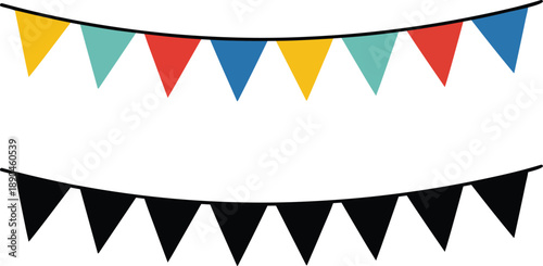 Colorful party bunting flags in different colors on string festive decoration