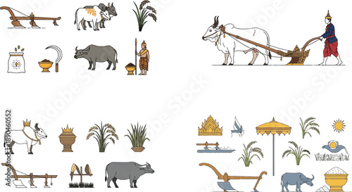 Ancient Agricultural Tools Animals and Farming Activities Set ancient farming plowing