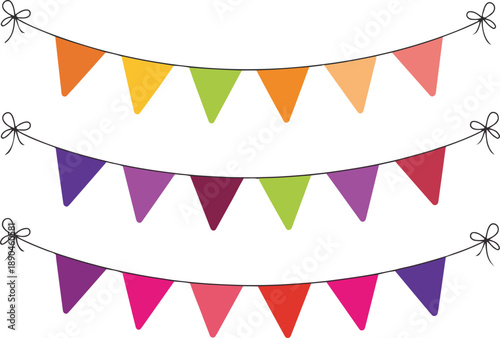 Colorful triangle bunting flags in three rows strung together