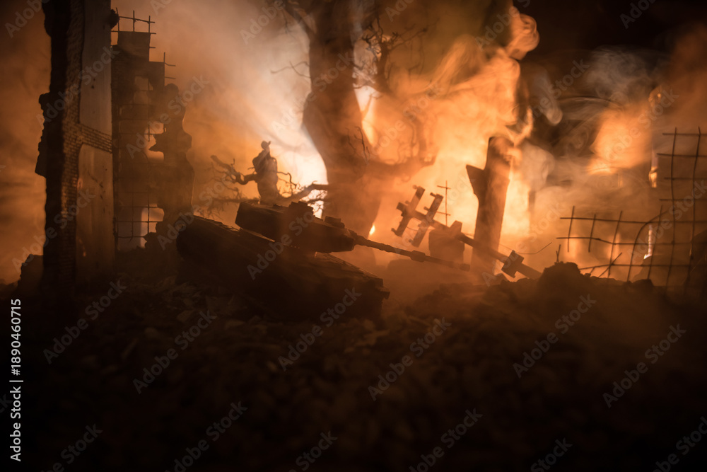 Fototapeta premium War Concept. Military silhouettes fighting scene on war fog sky background, World War Soldiers Silhouette Below Cloudy Skyline At night. Battle in ruined city.