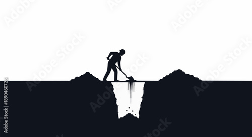 Silhouette of a man digging a deep hole with a shovel.