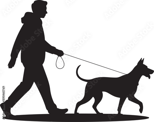 Man walking with dog silhouette, owner walking a pet, companionship and exercise
